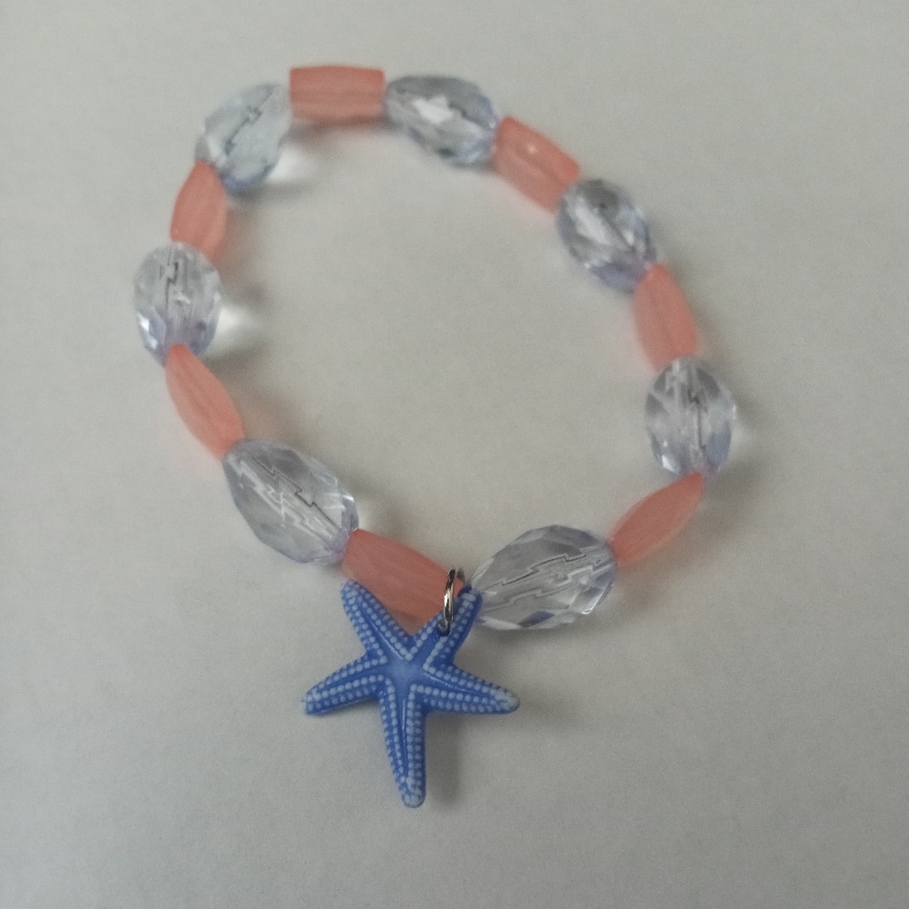 Hand crafted starfish beach beaded statement bracelet pastel coral and blue